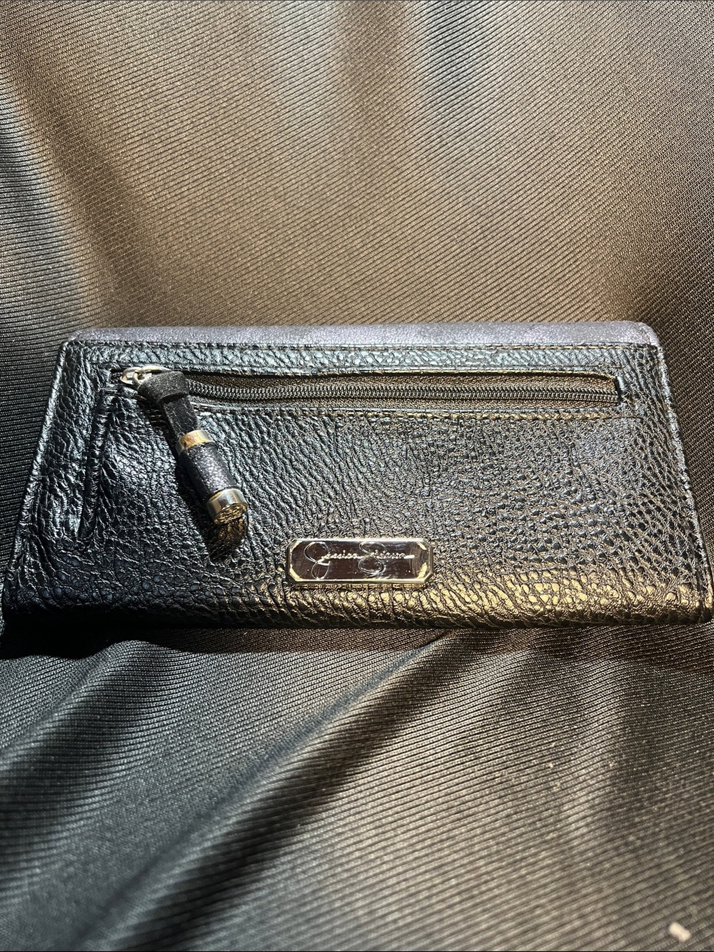 Jessica Simpson meteorite Black Leather Zip Wallet with Front Pocket#(W-1)